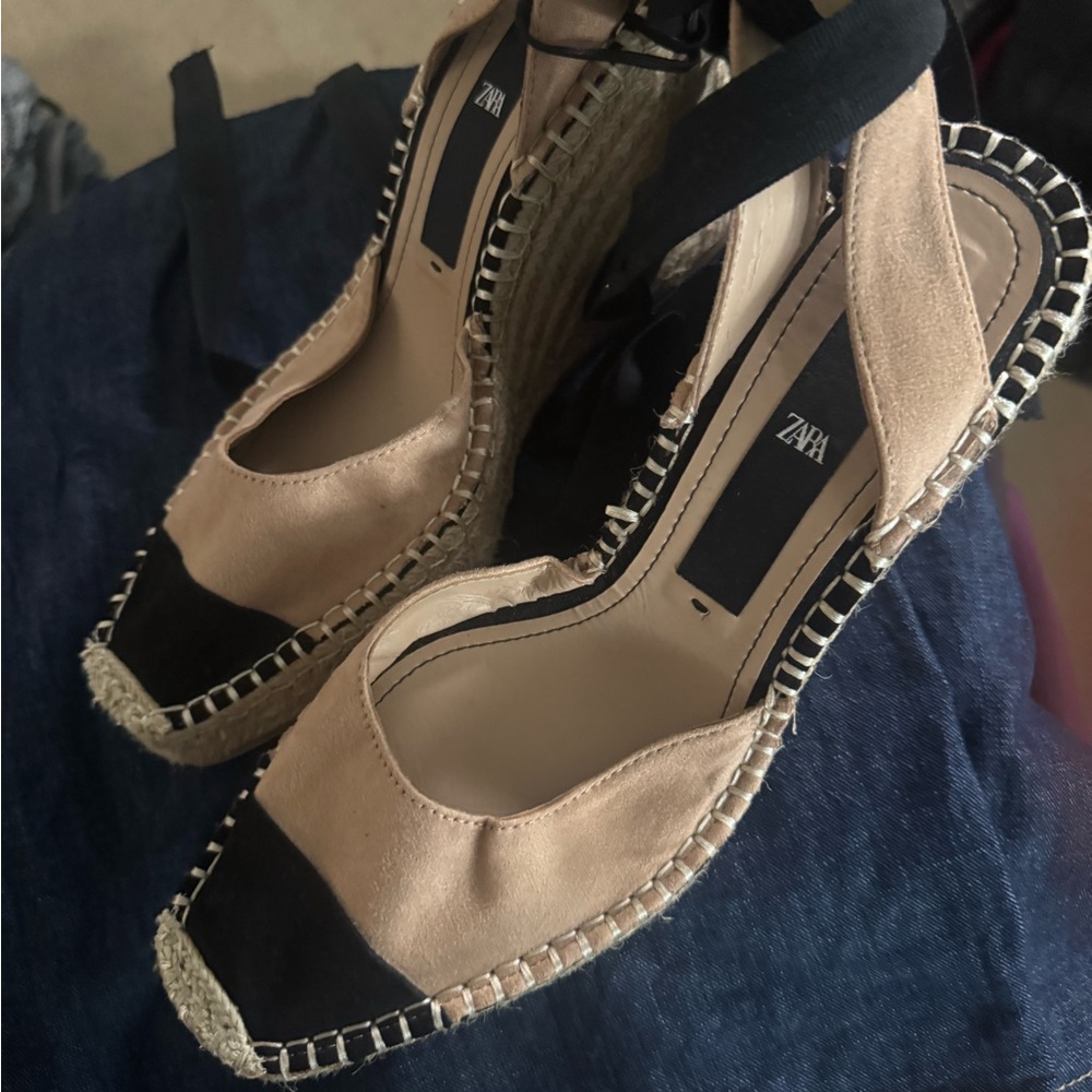 Zara Tan and Black Espadrille Slingback Wedges
